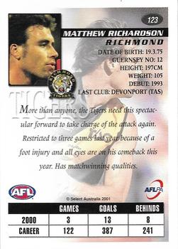 2001 Select AFL Authentic #123 Matthew Richardson Back